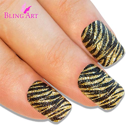 False Nails by Bling Art Gold Black French Manicure Fake Medium Tips with Glue