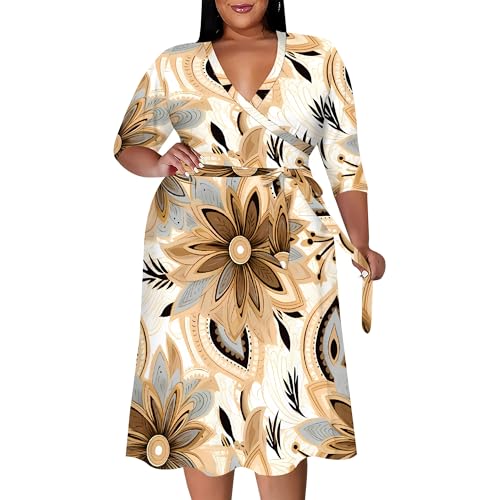 Image of PinkPatty Women's Plus Size Maxi Dress Print 3 /4 Sleeves V Neck Party Sundress Wedding Guest Dresses