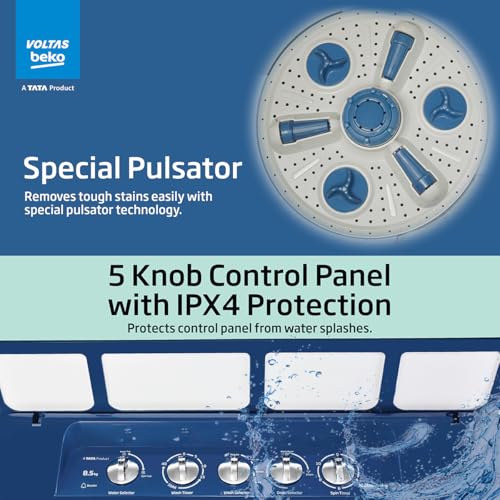 Image of Voltas beko, A Tata Product 8.5 kg 5 Star Semi-Automatic Top Load Washing Machine With Double Water Fall technology (WTT85DBLG /FLRB5, Blue, Special Pulsator & 5 Knob Control Method)