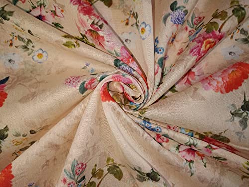 Chanderi Silk Fabric Floral Print Cream with Pink and Blue 44