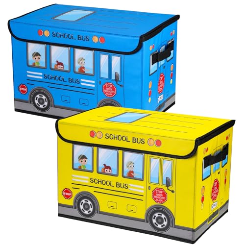 Image of Sweetude 2 Pcs School Bus Treasure Box for Classroom, Foldable Chest Storage Toy Box Chest with Lid Treasure Storage Organizer Bin for Kids Teachers Toy Prizes Awards for Students(Yellow, Blue)