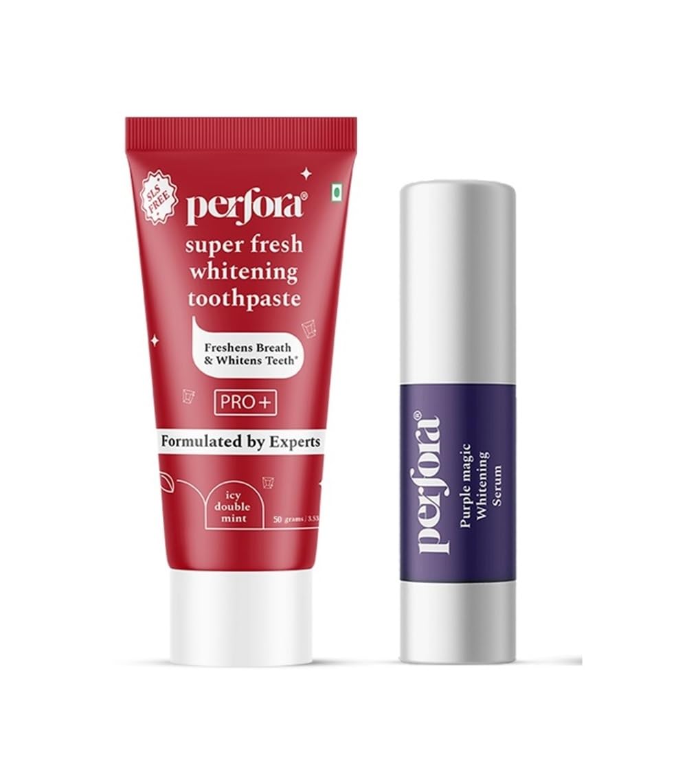 Perfora Instant Freshness Combo | Purple Teeth Whitening Serum & Super Fresh Toothpaste 50g | Enamel Safe Teeth Whitening Tooth paste for Men & Women | Helps Prevent Bad Breath | SLS Free | Pack of 2-image-0