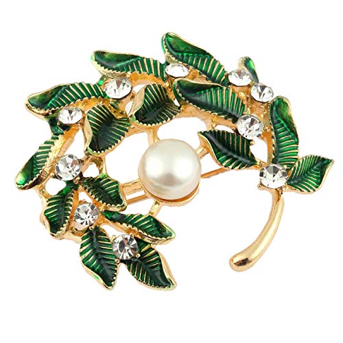 RUNHENG Freshwater Pearl Green Bamboo Leaves Brooch Pin.