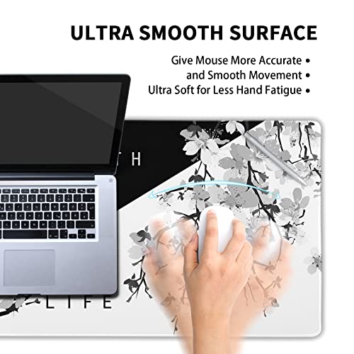 Image of Black White Japanese Mouse Pad 35.4 X 15.7 Inch XXL Cherry Blossom Death Life Sakura Full Desk Mousepad Extended Large Non-Slip Rubber Base Big Keyboard Mat with Stitched Edges for Gaming and Office