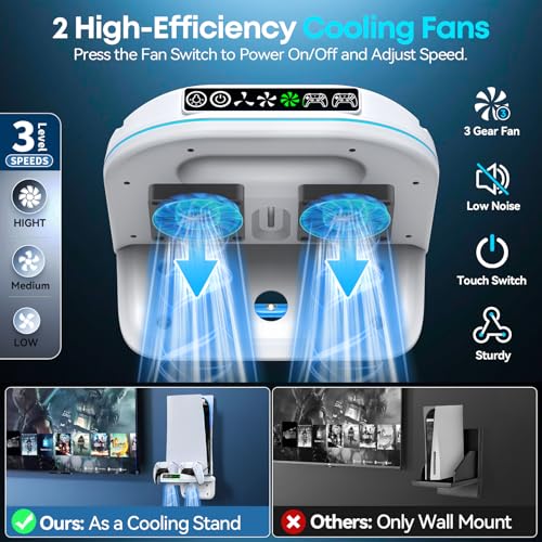 Image of P S5 Wall Mount Kit with Cooling Fan and Charging Station Compatible with PS5 / Slim / Pro Disc and Digital, PS Five Floating Shelf with 9 RGB Lights, PS 5 Mount Behind TV, P5 Accessories for Gaming, White