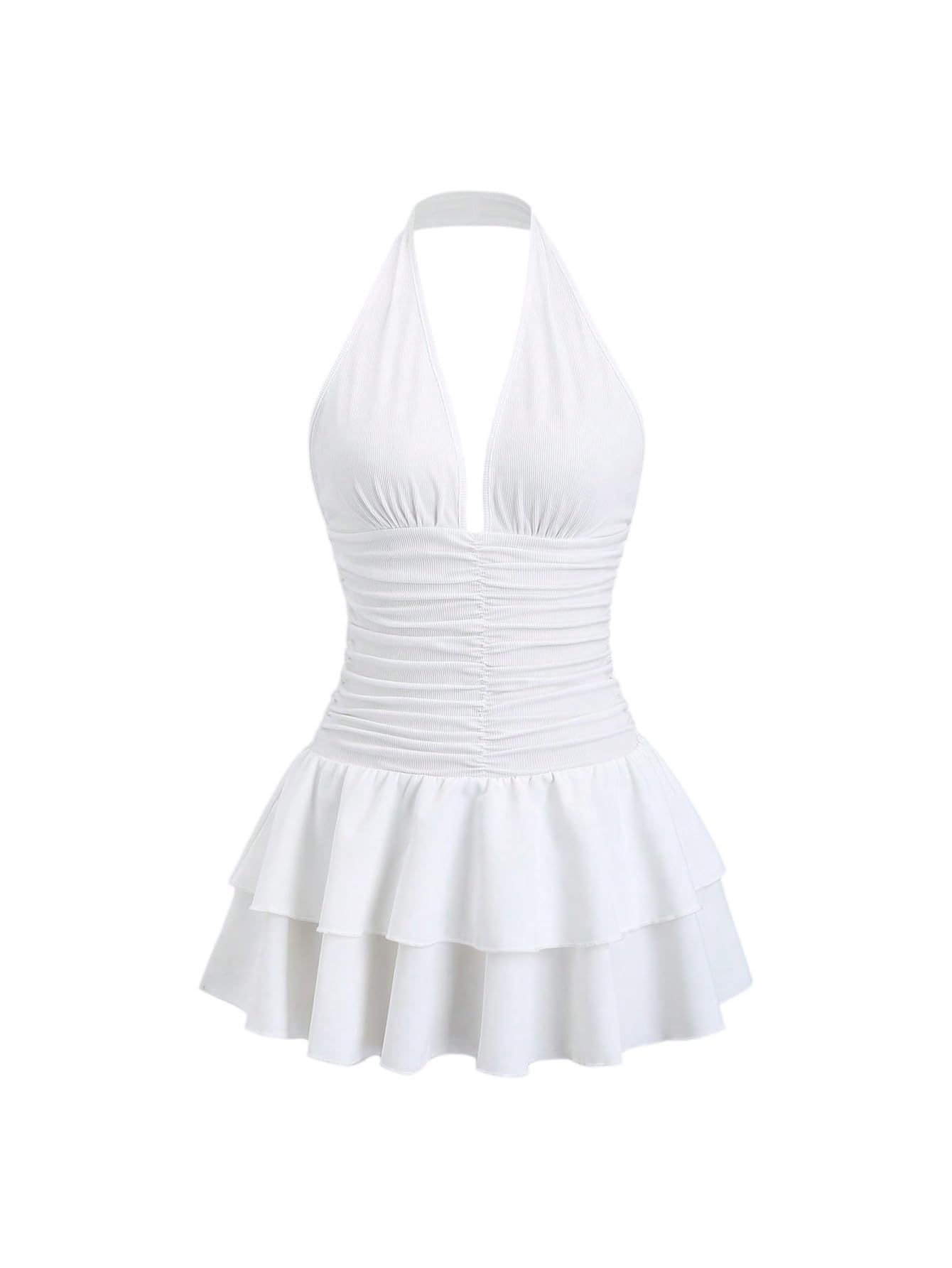 Milumia Women's Ruched V Neck Backless Halter Dress Sexy Tiered Layered Ruffle Dresses