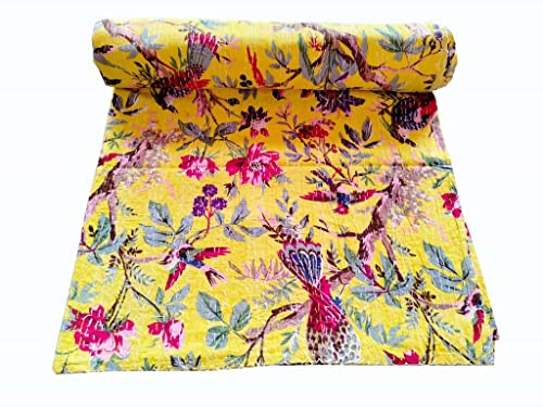 Kantha - Colcha acolchada hecha a mano con estampado de pájaros amarillos bohemios, decoración india, para sofá o habitación Cover