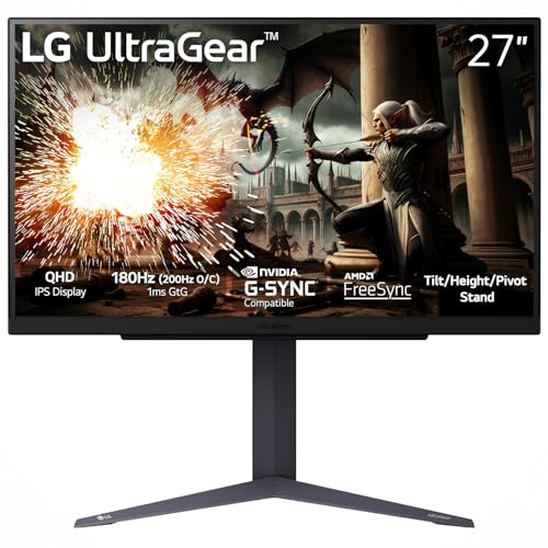 LG 27GS75QX-B 27-inch Ultragear QHD (2560x1440) Gaming Monitor, 180Hz (O/C 200Hz), 1ms, IPS, NVIDIA G-SYNC Compatible, AMD FreeSync, HDR10, Tilt/Height/Pivot Stand, HDMI, DisplayPort, Black
