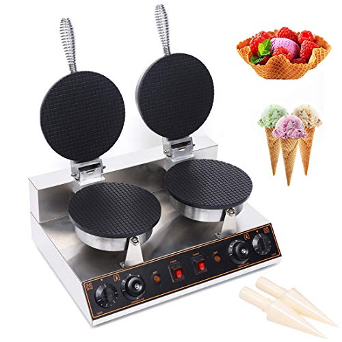 DNYSYSJ Ice Cream Cone Waffle Maker Machine with 2pcs Cone Shaper Roller Nonstick Electric Homemade Waffle Cone and Bowl Baker Iron Machine (Double Bakers)