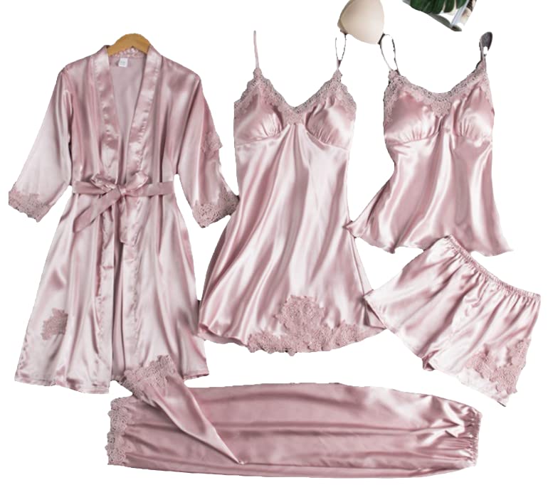 Generic5 Pcs Robe Set Sexy Strap Nightwear Plus Size Silk Sleepwear Adult Summer Cardigan Nightgown Bride Bathrobe Lace Pyjamas for Woman