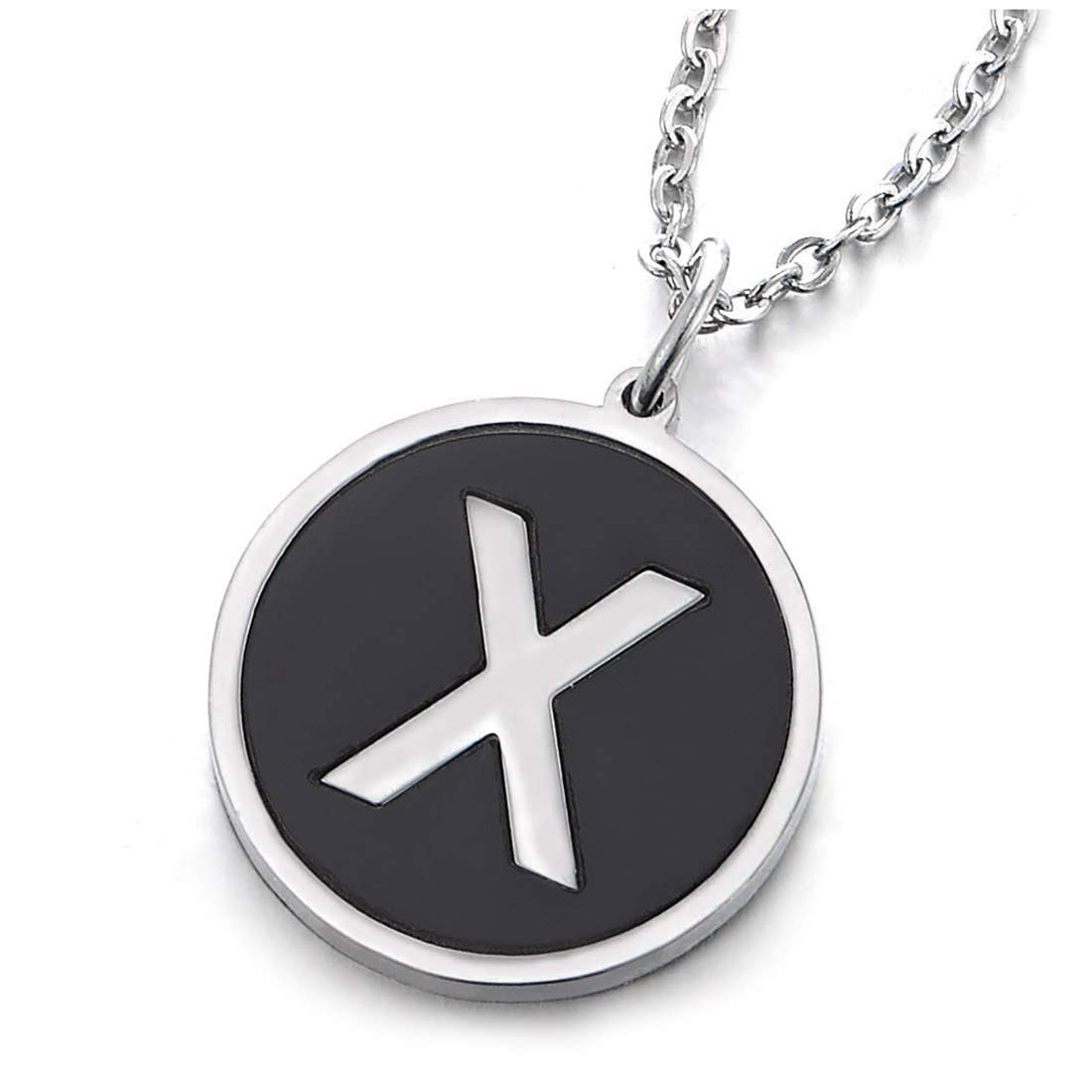 COOLSTEELANDBEYOND Plata Negro Nombre Inicial Letra del Alfabeto A Círculo Colgante, Collar de Mujer Hombre, Acero, 45cm Cadena Cuerda