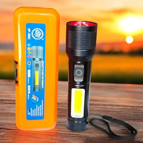 Image of Usha+ HP-360C Rechargeable Torch, Powerbank Function, Aircraft Aluminum Body, Telescopic Zoom, Water Resistant Flashlight with Multiple Light Modes (Black) LED