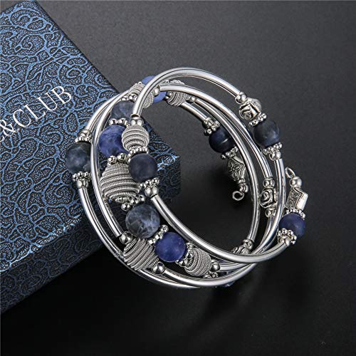 PEARL&CLUB Beaded Chakra Bangle Turquoise Bracelet - Fashion Jewelry Wrap Bracelet with Thick Silver Metal and Mala Beads, Birthday Gifts For Women(Navy Blue)