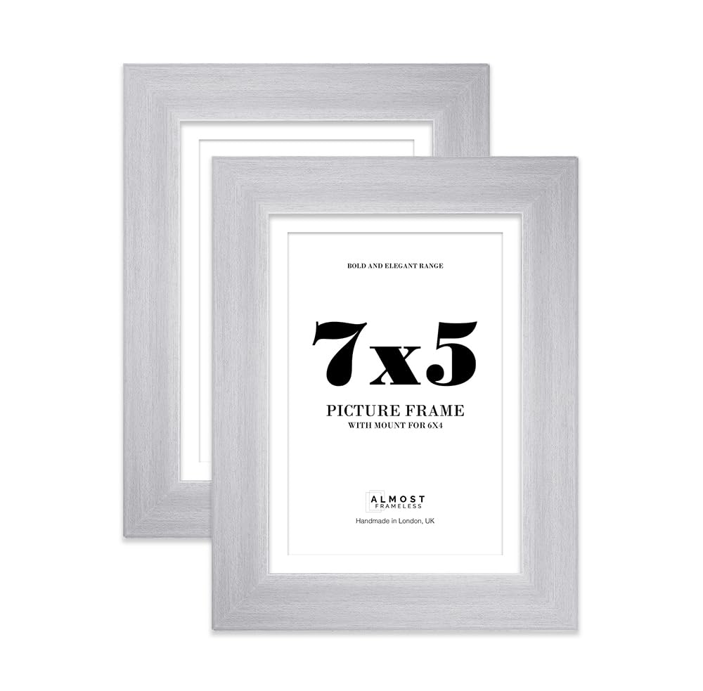 7x5" Silver Frame With Mount for 6x4" Pictures 28mm Edge Portrait and Landscape Display with Wall Hooks and Kickstand, 2 Pack