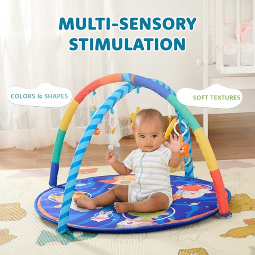 Image of Amazon Brand - Supples Baby Play Gym Mat | Activity Play Gym with Hanging Toys | 2-in-1 Baby Mat for 2+ Months | Astronaut Print | Multicolor | Soft Baby Bedding