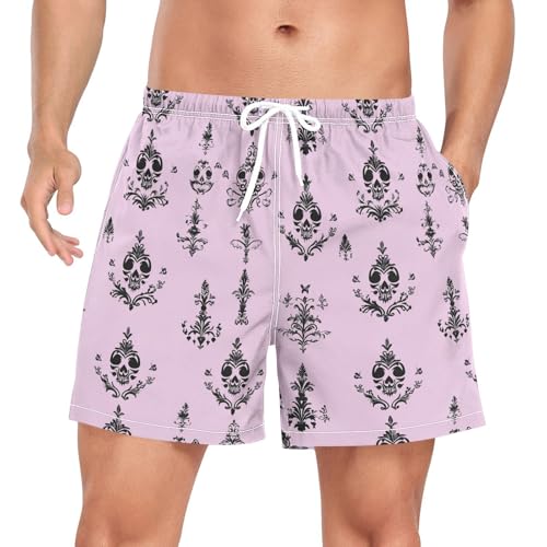 Bohemian Purple Black Elegant Skulls Swim Trunks for Men Men 2 Layer Beachwear with Phone Pocket Quick Dry Elastic S