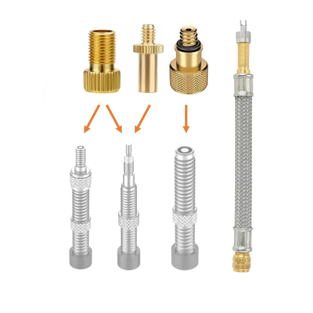 Manovella Ventiladapter Set Fahrrad AV DV SV – 3 Adapter + Metall Ventilverlängerung für Autoventil Schrader, Dunlop Blitzventil, Sclaverand Presta – Mit Dichtring – Universal Pumpe & Kompressor