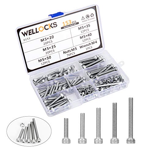 WELLOCKS Socket Head Cap Screw M5 153 PCS Metric Bolts and Nuts Assortment Kit with Hex Wrench Stainless Steel 304 with Storage Box for for Shelf Chair Desk Install Repair(D153)