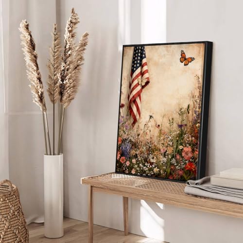 Image of American Flag Framed Canvas Wall Art, 4th of July Canvas Prints, Wildflower Field with Butterfly Patriotic Decorations, Rustic Farmhouse Independence Day Wall Decor for Bedroom Living Room 8x10