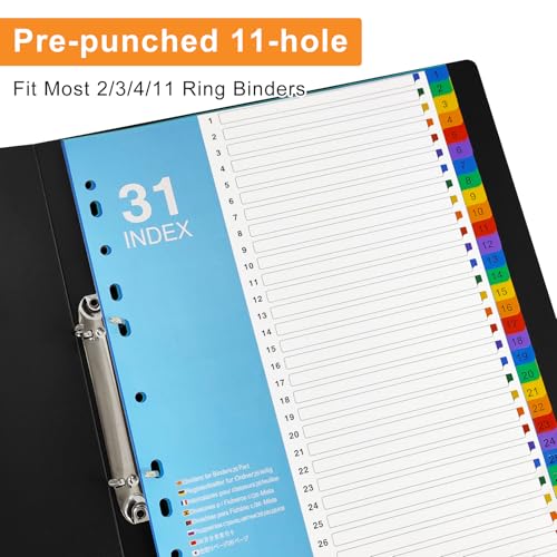Intercalaires à onglets 1 à 31 multicolores avec table des matières