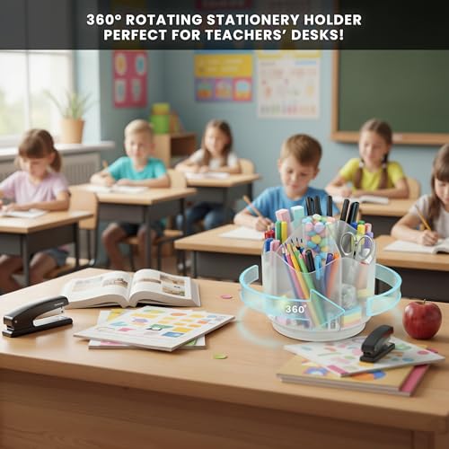 Image of Spinning Desk Caddy Organizer Clear | 360 Rotating Desk Organizer Acrylic Pen Holder & Marker Organizers | 6 Slots Rotating Organizer & Spinning Organizer for Shops, Classroom, Vanity, Desk