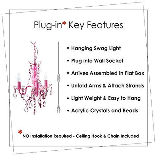 Image of The Original Gypsy 3-Light Plug-in Crystal Swag Chandelier, Pink