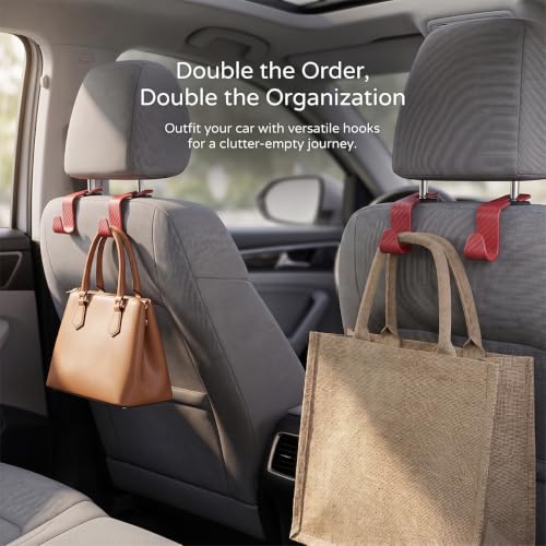 Image of 4PCS Car Seat Headrest Hooks, Auto Back Seat Hanger Holder, Durable Stylish Vehicle Organizer Universal Car Interior Accessories, Storage Hooks for Purses, Bags, Clothes (Carbon Fiber /Red)