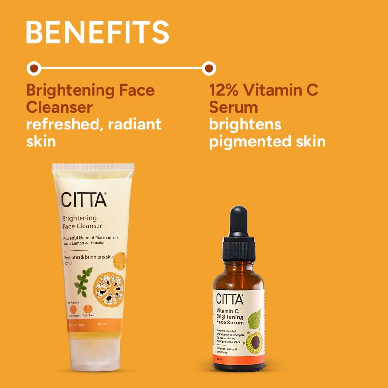 Image of CITTA Brightening Skincare Combo,Yuzu Lemon Brightening Face Wash(100 ml)+ 12% Vitamin C Serum(30 ml),Glowing,Even-Toned,Hydrated Skin,Gentle for Daily Use,Unisex,Non-Drying,Effective Formula.