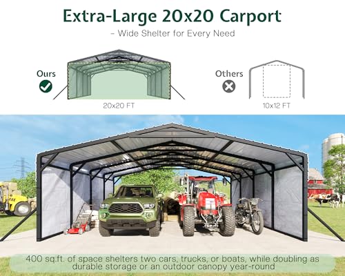 Image of Jocisland 20x20 FT Heavy Duty Metal Carport, All-Weather Car Carport with Waterproof Removable Sidewall, Galvanized Steel Roof & Reinforced Base, Canopy for Full-Sized Pickups, Bass Boats and Tractors