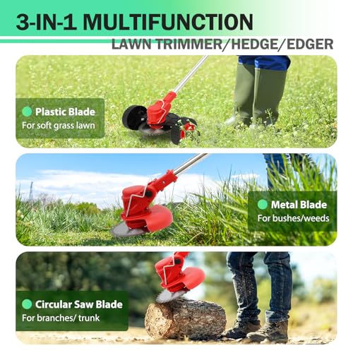 OKIE HOME Weed Wacker Battery Operated, Cordless String Trimmer 24V 2.0Ah Battery Powered Edging Lawn Tool with 2 Batteries and 3 Types Blades&Auxiliary, Weed Lawn Edger Eater for Yard and Garden