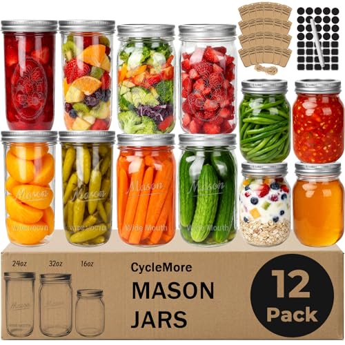 CycleMore Mason Jars Bundle, 12 Pack J Canning Jars With Bands and Lids, Ideal for Jam, Honey, Wedding/Shower Favors, DIY & Oats - 32 OZ x 4, 24 OZ x 4, 16 OZ x 4 (16oz - 24oz - 32oz)