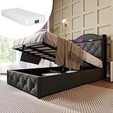 Tcewhhy Polsterbett mit USB Typ C Ladefunktion, Einzelbett 90 x 200 Stauraumbett mit Lattenrost aus Metallrahmen, Grau(Mit Matratze)
