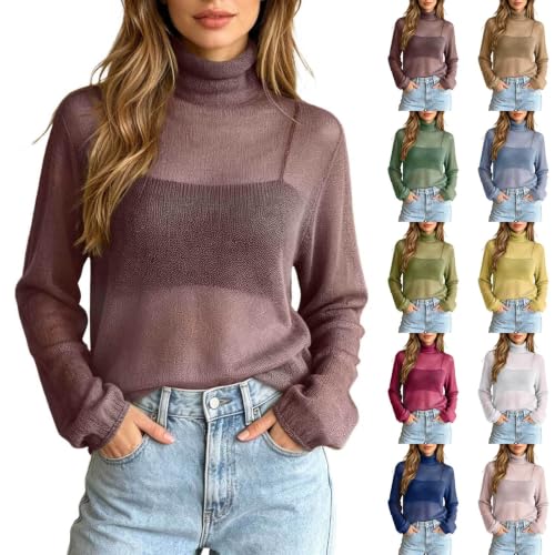 JiXiang Womens Turtleneck Sweater See Through Dressy Work Mesh Sheer Pullover Tops Lightweight Knitted Going Out Layer Blouse - image 1