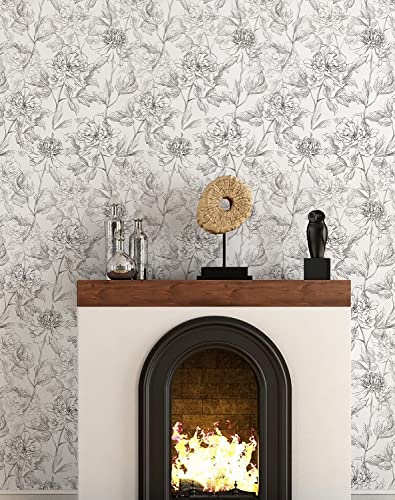 Jiffdiff Floral Wallpaper Black & White Peel And Stick Wallpaper Vintage Peony Wallpaper Sketched Floral Self-Adhesive Prepasted Wallpaper Wall Decor Contact Paper Covering 30Sq.ft #TOP1