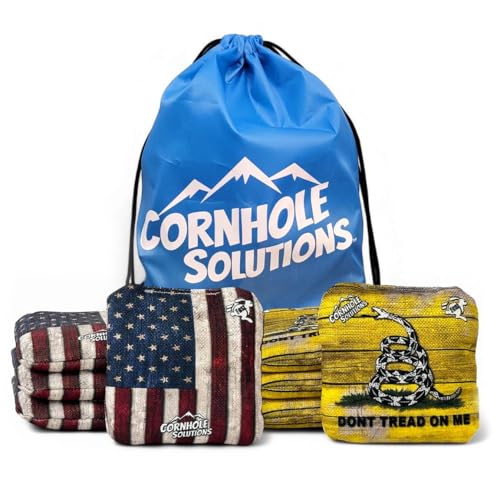 Cornhole Solutions Cornhole Bags Set of 8 – Regulation Pro Style 6x6 – USA Flag Designs – Resin Filled + Tote Bag (DTOM/Flag)