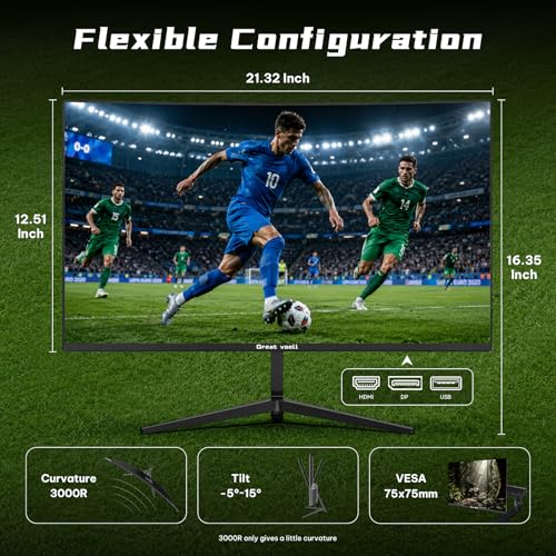 Image of Great voell 24 Inch Curved Gaming Monitor 200Hz, 1ms MPRT, FHD 1080P Computer Monitor with 3000R Curvature, AMD FreeSync, 98% sRGB, HDR, DP HDMI Inputs, VESA for Home Office Esports