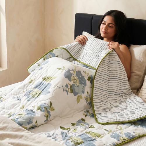 Image of HUESLAND Reversible AC Quilt Blanket Single Bed | 100% Cotton Quilted Shell, Super Soft 120 GSM Microfibre Wadding | Lightweight Comforter for All Weather Use | Floral Fusion - 55 x 88 inches
