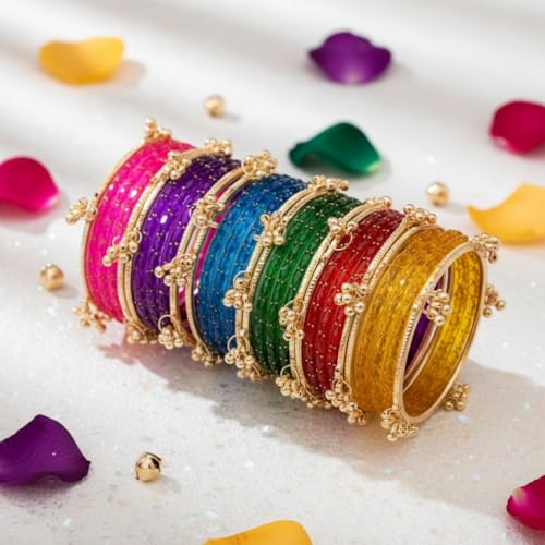 Image of Kashmiri Ghangharoo Glass Bangle Set for Women| Light Weight Bangles | Traditional Transparent Fancy Glass Chudi Set for Wedding, Party|Set Of 16(12 Glass + 4 ghungroo bangles)
