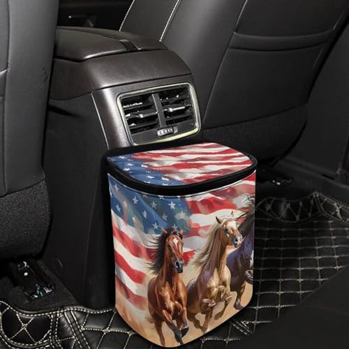 Image of Talayituse Horse American Flag Print Car Trash Bin, Large Size Auto Trash Can Adjustable Portable Garbage Can with Lid, Vehicle Hanging Bag for Headrest Front Back Seat
