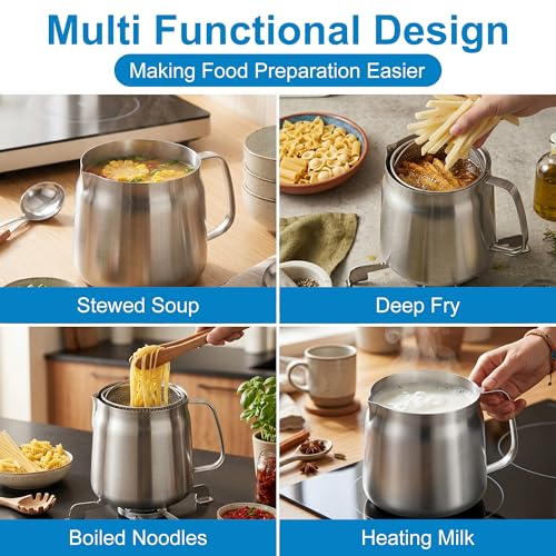 Image of 68oz Stainless Steel Oil Filter Pot with Deep Fryer Basket & Oil Strainer, 304 Food Grade Deep Fryer, Bacon Grease Saver Container for Kitchen Cooking & Camping Japanese Tempura Fryer Pot (2L)