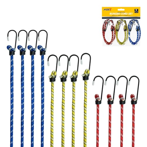 Fox1 Heavy Duty Bungee Cords With Hooks Pack Of 12 - Bungee Cord, UV Resistant Double Braided Elastic Long Bungee Straps For Securing Tents, Luggage and Cargo- Strong Rope Military Grade