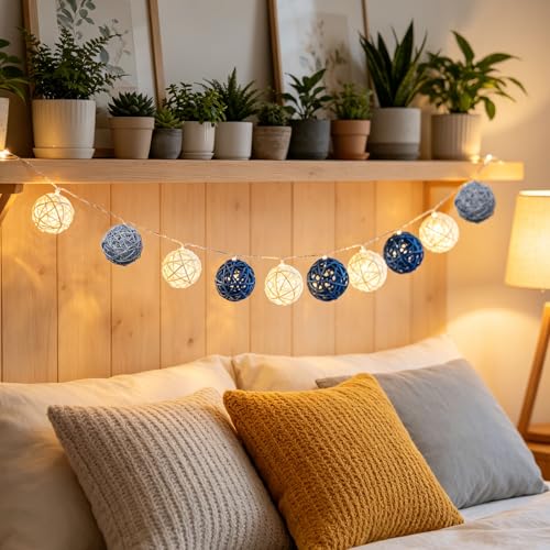 Bolas de mimbre decorativas de mimbre tricolor azul y gris para proyectos manuales 7