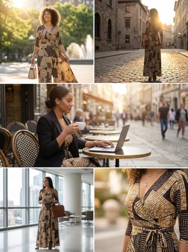 Image of Yajedo Womens Casual Summer Maxi Dress Plus Size Sexy Wrap V Neck 3 /4 Sleeve Sundress with Pockets