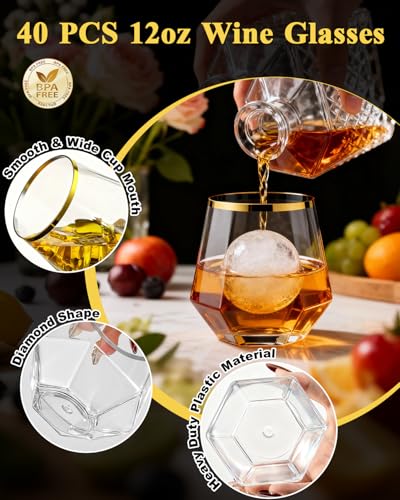 Image of BESTSTAR 40 PCS Clear & Gold Rim 12 Oz Diamond Plastic Wine Whiskey Glasses | Stemless Unbreakable Disposable Wine Glasses for Party,Ideal for Beach Holidays,Halloween, Christmas, Weddings,Daily Use