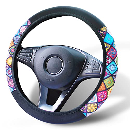 Steering Wheel Cover,Ethnic Style Coarse Flax Cloth Automotive Wheel Cover,Sweat Absorption Auto Car Wrap Cover,Anti-slip Breathable Car Steering Wheel Protector for Car/Women,Fit Most Cars 15 Inch