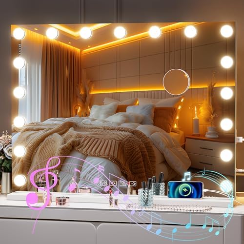 Jrswin Makeup Vanity Mirror With 17 LED Lighted Bulbs, Hollywood Vanity Mirror With Lights, 3 Color Modes & USB Charging, Cosmetic Mirror For Bedroom And Dressing Table (60CM X 50CM