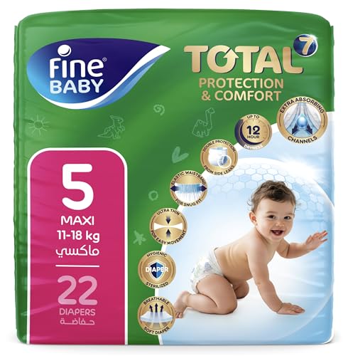 Fine Baby Total 7 Diapers Size 5 Maxi (1118 kg) 22 Count. Superior Protection & Comfort Extra Absorbent Improved Formula