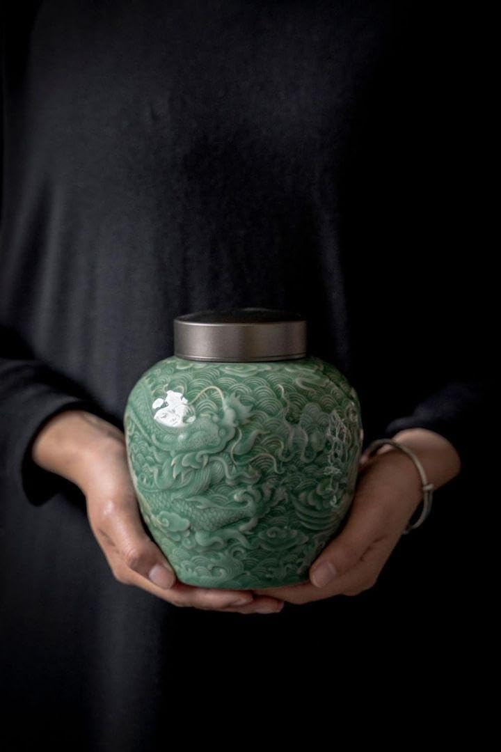 中国美術 茶筒 茶器 茶入れ 青磁 茶道具 龍鳳紋 み 中国美術 茶筒 茶器 茶