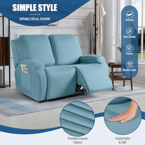 Image of TAOCOCO Recliner Loveseat Slipcover, 2 Pieces Polyester Fabric Stretch Sofa Covers for 2 Seat Reclining Couch, Soft Washable Furniture Protector with Pockets (2 Seat, Aqua Blue)
