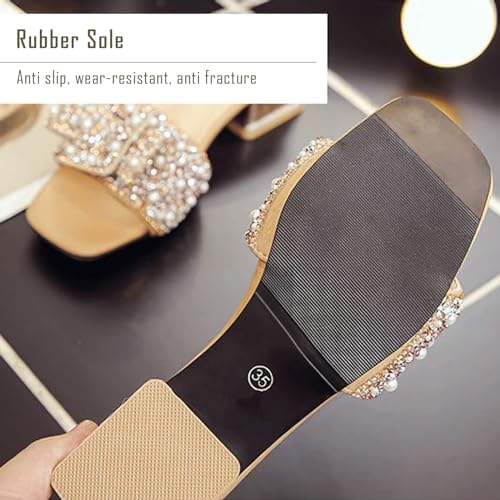Cookadvan Women’s Flat Sandals, One Strap Bow Tie Rhinestones Sandals for Women, Women’s Square head Pearls Chunky Heel Sandals | Image 5